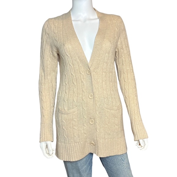 Sutton Cashmere 100% Cashmere Cable Knit Cardigan Sweater Beige Size L - Picture 1 of 7